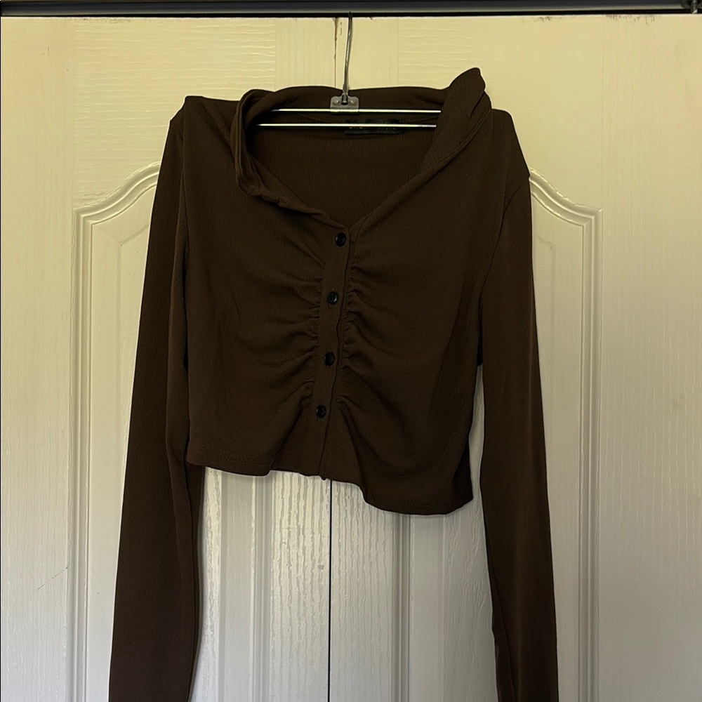 SHEIN Brown Cropped Ruched Button Down Shirt